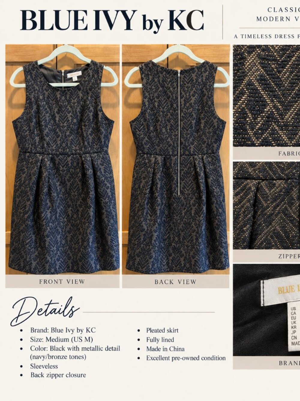 Blue Ivy by KC Metallic Black Bronze Jacquard Brocade Sleeveless Cocktail Dress